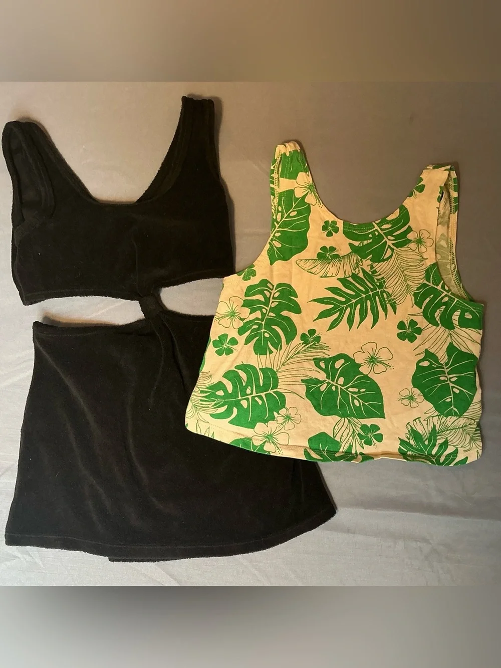 Zara Girls Black Cutout Tank & Cream Tank with Green Tropical Print and overalls